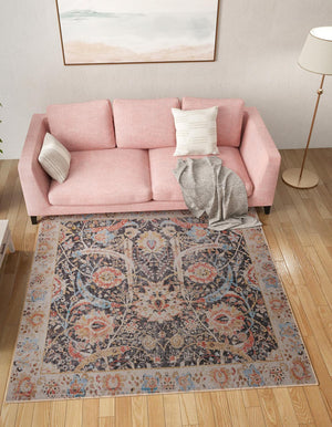 Washable Black 7' 10 x 7' 10 Timeless Square Area Rug Easy to Clean Stain Resistant & Durable Traditional Classic Vintage Design Carpet for Sale at Rug Engine