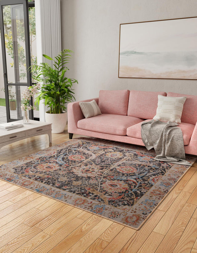 Washable Black 7' 10 x 7' 10 Timeless Square Area Rug Easy to Clean Stain Resistant & Durable Traditional Classic Vintage Design Carpet for Sale at Rug Engine