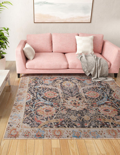 Washable Black 7' 10 x 7' 10 Timeless Square Area Rug Easy to Clean Stain Resistant & Durable Traditional Classic Vintage Design Carpet for Sale at Rug Engine