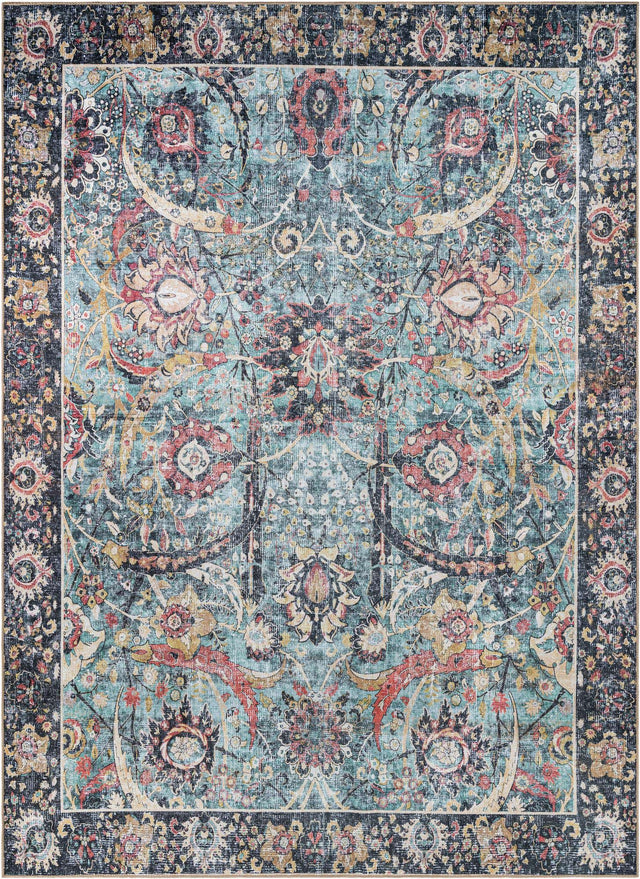 Washable Vintage Green 9' 5 x 13' 1 Timeless Rectangle Area Rug Easy to Clean Stain Resistant & Durable Traditional Classic Vintage Design Carpet for Sale at Rug Engine