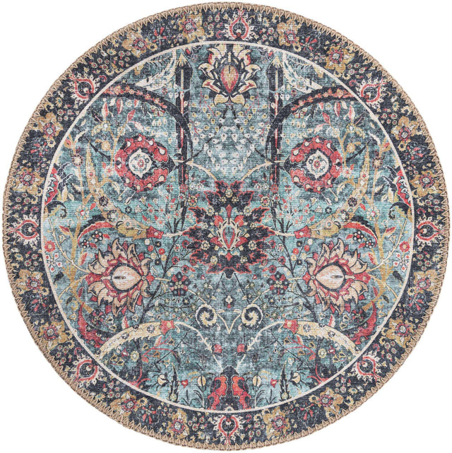 Washable Vintage Green 2' x 2' Timeless Round Area Rug Easy to Clean Stain Resistant & Durable Traditional Classic Vintage Design Carpet for Sale at Rug Engine