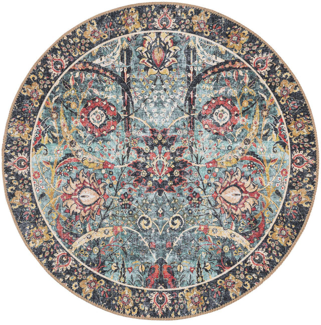 Washable Vintage Green 3' 6 x 3' 6 Timeless Round Area Rug Easy to Clean Stain Resistant & Durable Traditional Classic Vintage Design Carpet for Sale at Rug Engine