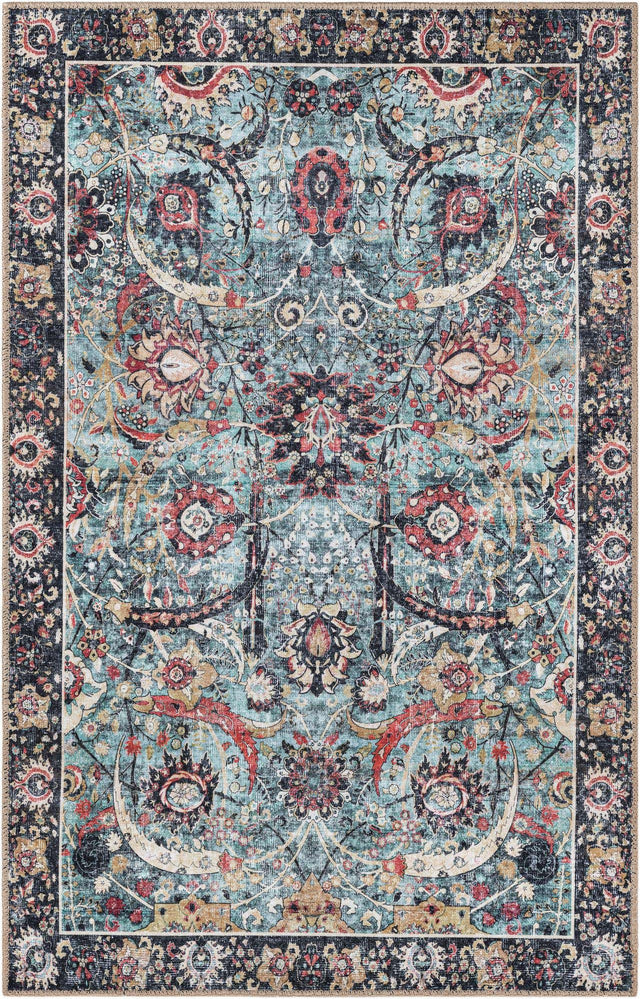 Washable Vintage Green 3' 6 x 5' 6 Timeless Rectangle Area Rug Easy to Clean Stain Resistant & Durable Traditional Classic Vintage Design Carpet for Sale at Rug Engine