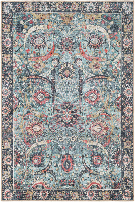 Washable Vintage Green 4' 1 x 6' 1 Timeless Rectangle Area Rug Easy to Clean Stain Resistant & Durable Traditional Classic Vintage Design Carpet for Sale at Rug Engine