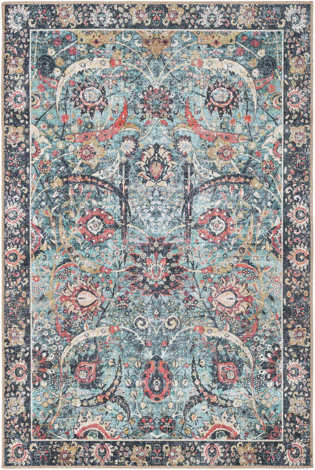 Washable Vintage Green 4' 1 x 6' 1 Timeless Rectangle Area Rug Easy to Clean Stain Resistant & Durable Traditional Classic Vintage Design Carpet for Sale at Rug Engine