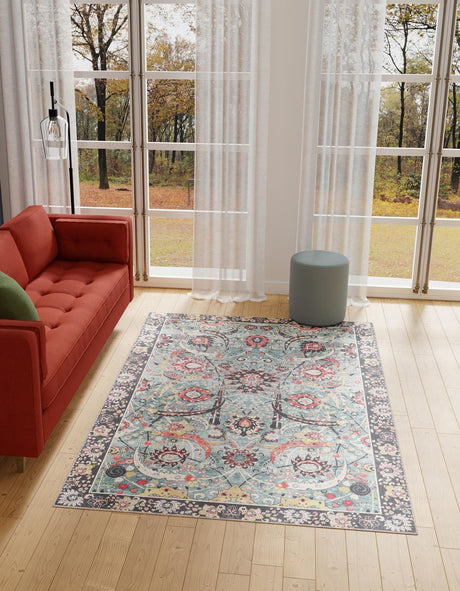Washable Vintage Green 5' 1 x 8' Timeless Rectangle Area Rug Easy to Clean Stain Resistant & Durable Traditional Classic Vintage Design Carpet for Sale at Rug Engine