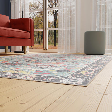 Washable Vintage Green 5' 1 x 8' Timeless Rectangle Area Rug Easy to Clean Stain Resistant & Durable Traditional Classic Vintage Design Carpet for Sale at Rug Engine
