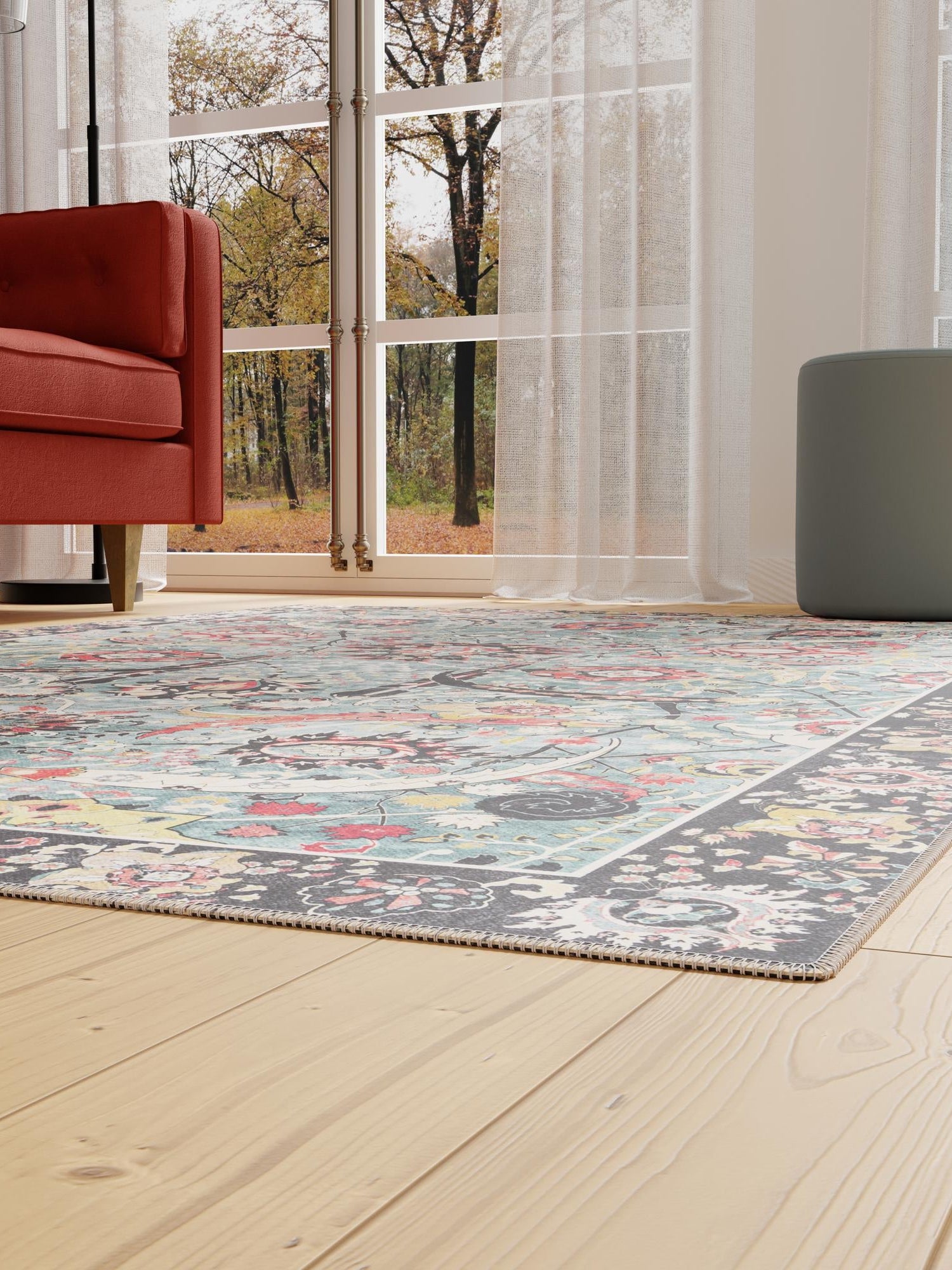 Washable Vintage Green 6' 1 x 9' Timeless Rectangle Area Rug Easy to Clean Stain Resistant & Durable Traditional Classic Vintage Design Carpet for Sale at Rug Engine
