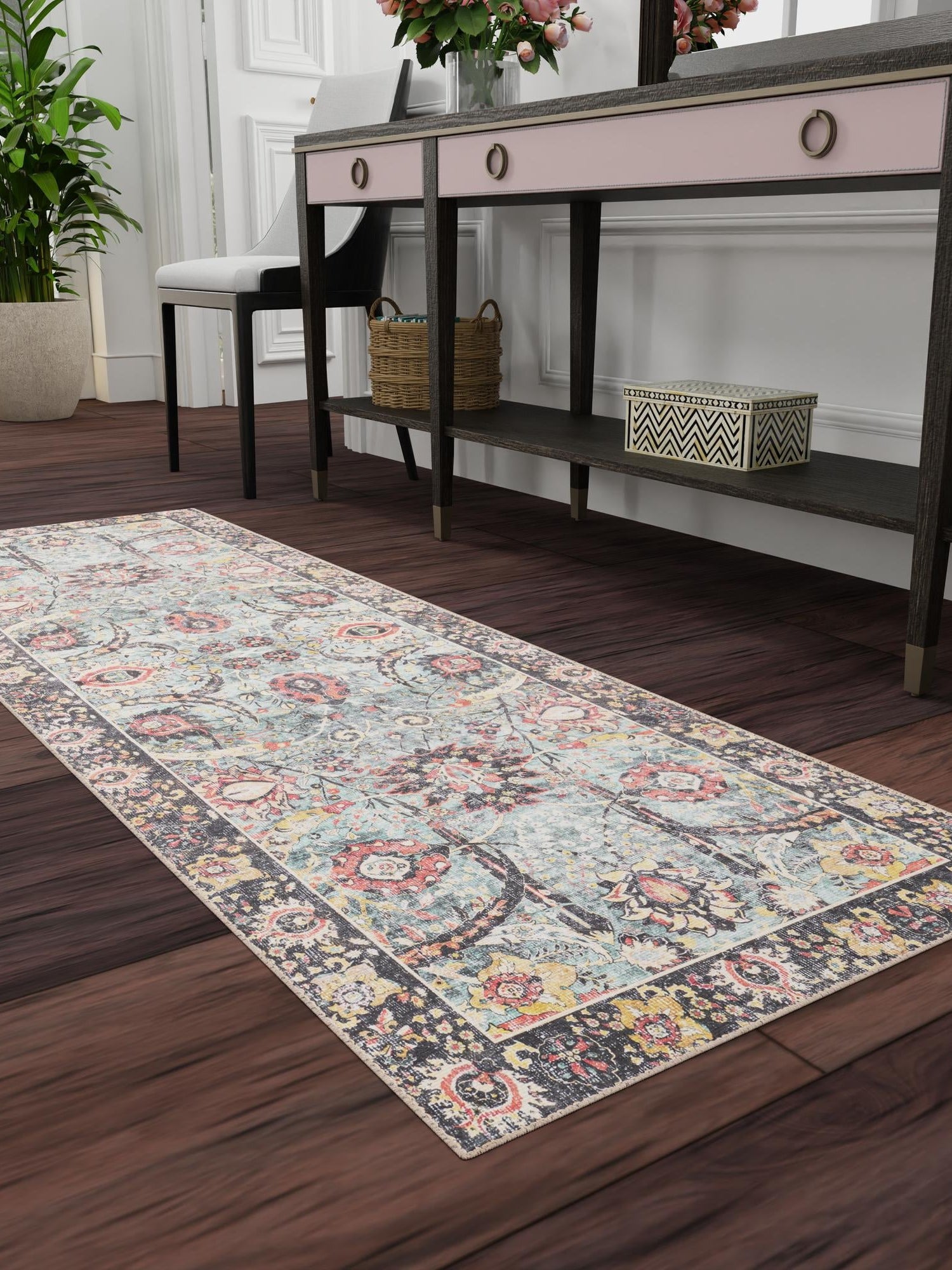 Washable Vintage Green 2' x 8' Timeless Runner Area Rug Easy to Clean Stain Resistant & Durable Traditional Classic Vintage Design Carpet for Sale at Rug Engine