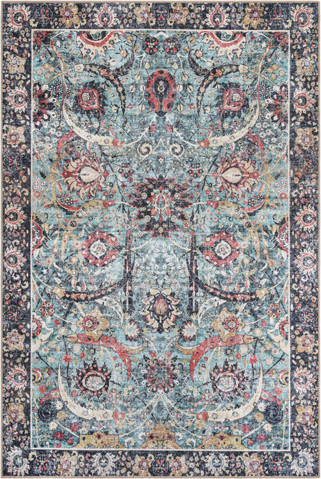 Washable Vintage Green 6' 1 x 9' Timeless Rectangle Area Rug Easy to Clean Stain Resistant & Durable Traditional Classic Vintage Design Carpet for Sale at Rug Engine