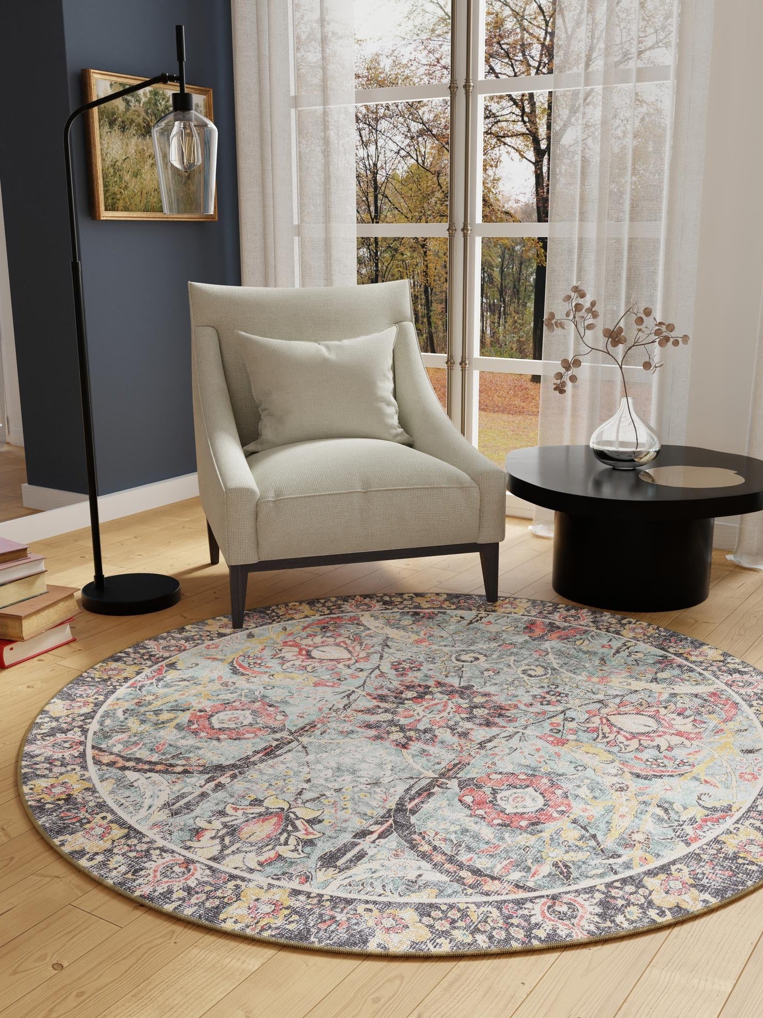Washable Vintage Green 3' 6 x 3' 6 Timeless Round Area Rug Easy to Clean Stain Resistant & Durable Traditional Classic Vintage Design Carpet for Sale at Rug Engine