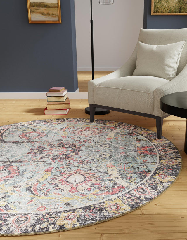 Washable Vintage Green 7' 10 x 7' 10 Timeless Round Area Rug Easy to Clean Stain Resistant & Durable Traditional Classic Vintage Design Carpet for Sale at Rug Engine