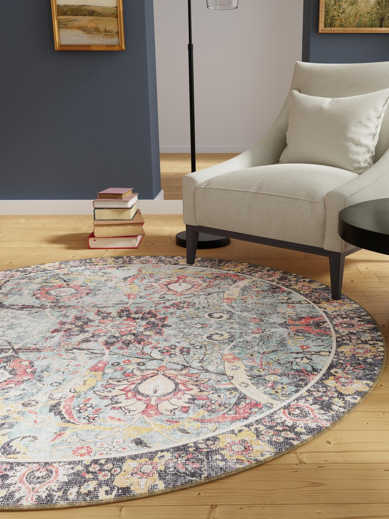 Washable Vintage Green 5' 1 x 5' 1 Timeless Round Area Rug Easy to Clean Stain Resistant & Durable Traditional Classic Vintage Design Carpet for Sale at Rug Engine