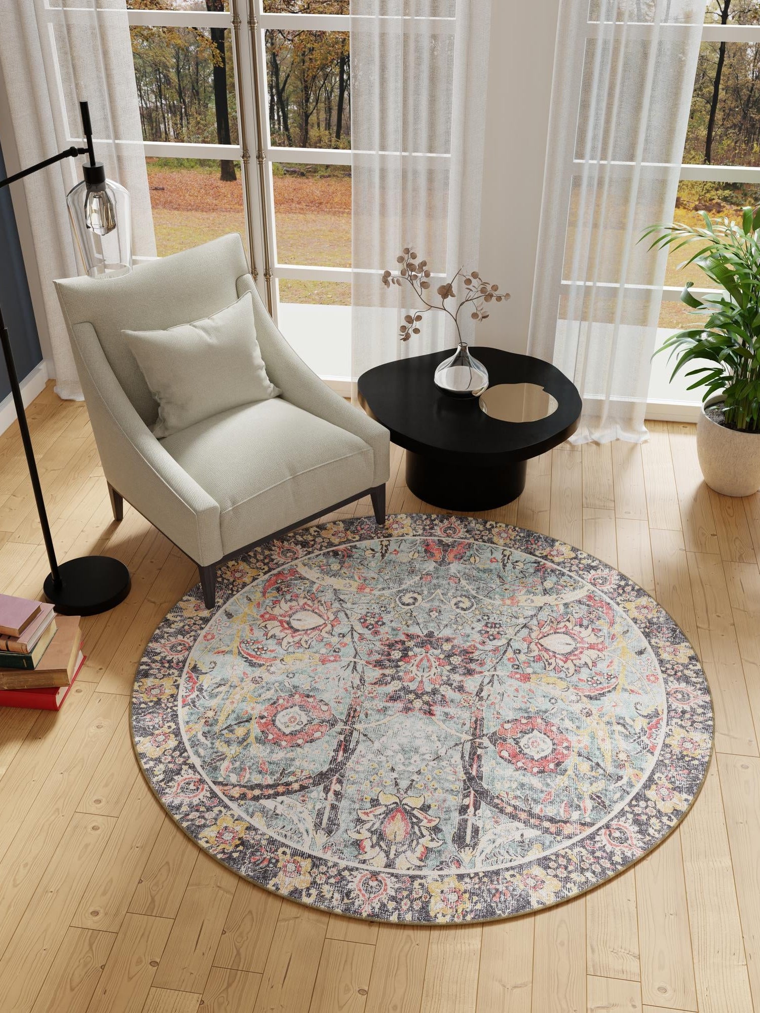 Washable Vintage Green 5' 1 x 5' 1 Timeless Round Area Rug Easy to Clean Stain Resistant & Durable Traditional Classic Vintage Design Carpet for Sale at Rug Engine