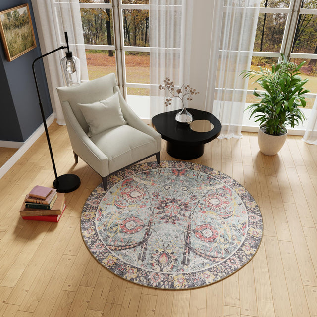 Washable Vintage Green 5' 1 x 5' 1 Timeless Round Area Rug Easy to Clean Stain Resistant & Durable Traditional Classic Vintage Design Carpet for Sale at Rug Engine