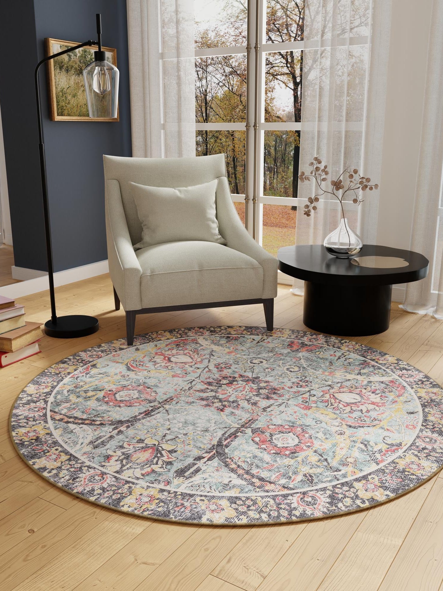 Washable Vintage Green 5' 1 x 5' 1 Timeless Round Area Rug Easy to Clean Stain Resistant & Durable Traditional Classic Vintage Design Carpet for Sale at Rug Engine