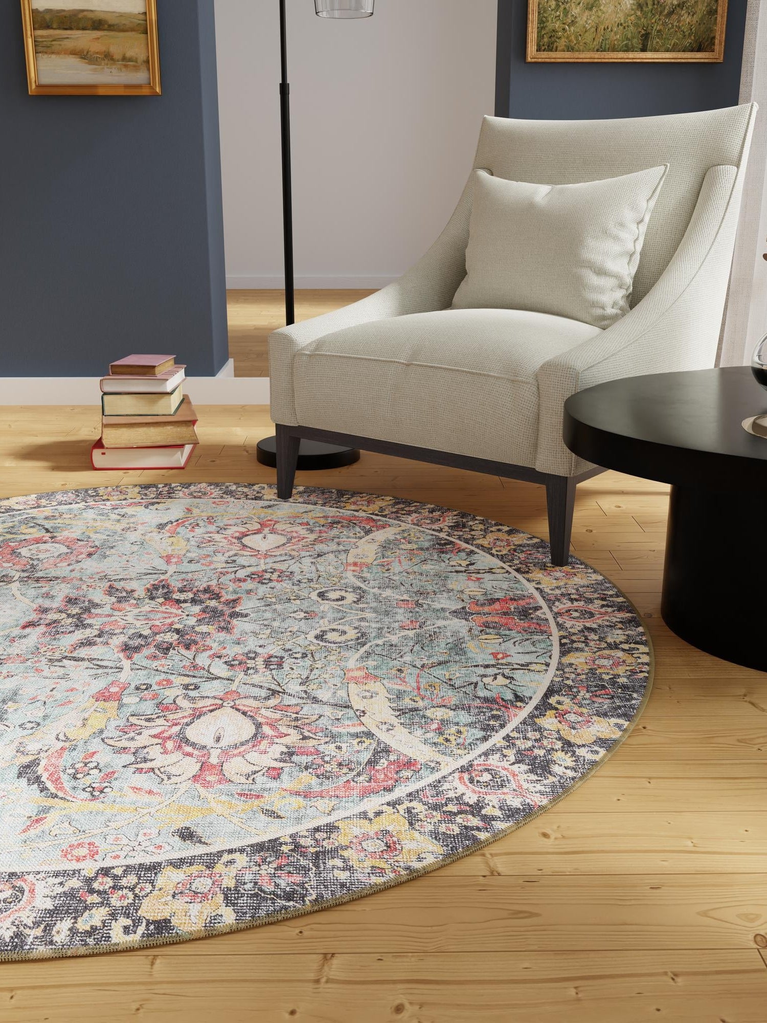 Washable Vintage Green 5' 1 x 5' 1 Timeless Round Area Rug Easy to Clean Stain Resistant & Durable Traditional Classic Vintage Design Carpet for Sale at Rug Engine