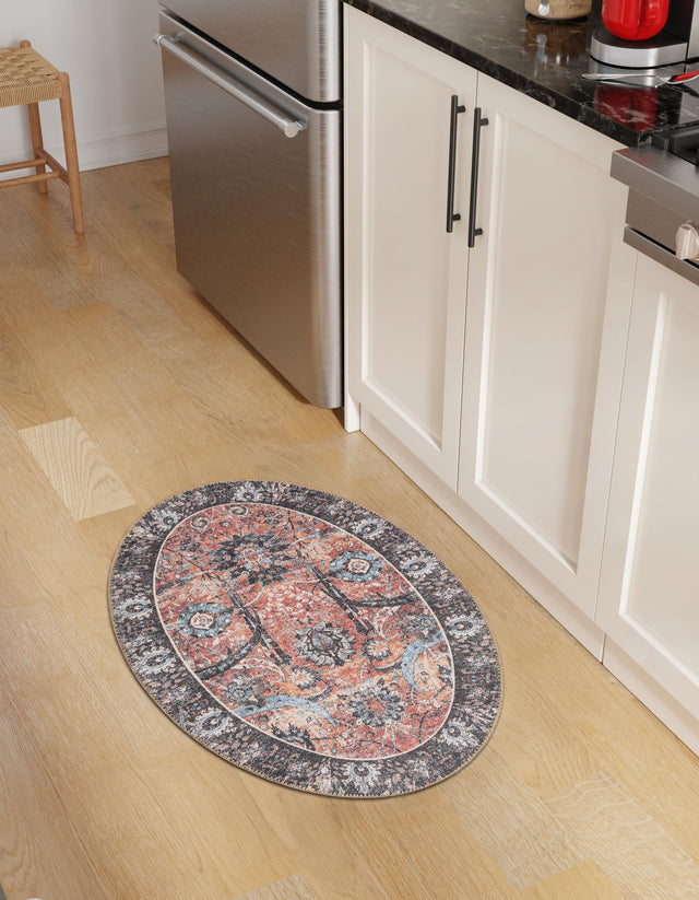 Washable Vintage Rust Red 2' x 3' 1 Timeless Oval Area Rug Easy to Clean Stain Resistant & Durable Traditional Classic Vintage Design Carpet for Sale at Rug Engine