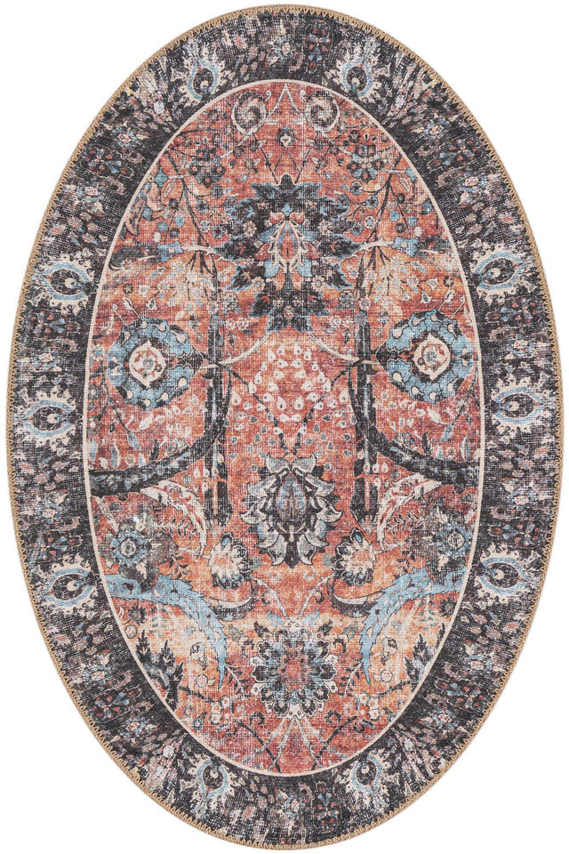 Washable Vintage Rust Red 2' x 3' 1 Timeless Oval Area Rug Easy to Clean Stain Resistant & Durable Traditional Classic Vintage Design Carpet for Sale at Rug Engine