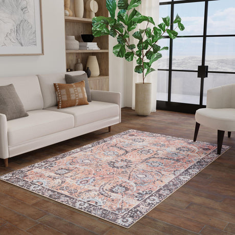 Washable Vintage Rust Red 5' 1 x 8' Timeless Rectangle Area Rug Easy to Clean Stain Resistant & Durable Traditional Classic Vintage Design Carpet for Sale at Rug Engine