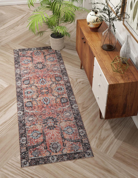Washable Vintage Rust Red 2' 7 x 12' Timeless Runner Area Rug Easy to Clean Stain Resistant & Durable Traditional Classic Vintage Design Carpet for Sale at Rug Engine