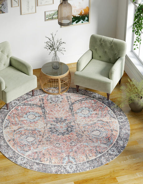 Washable Vintage Rust Red 5' 1 x 5' 1 Timeless Round Area Rug Easy to Clean Stain Resistant & Durable Traditional Classic Vintage Design Carpet for Sale at Rug Engine