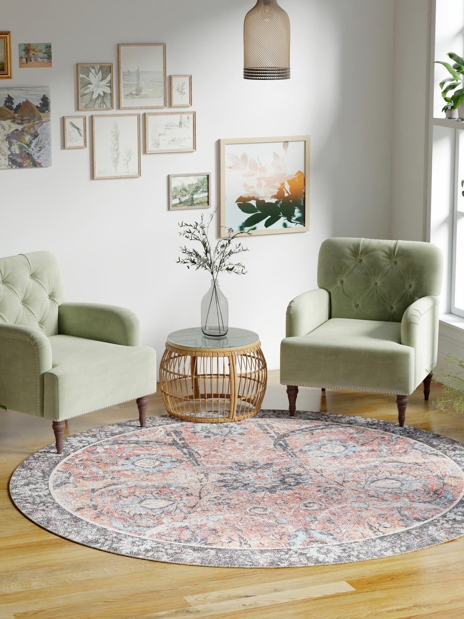 Washable Vintage Rust Red 2' x 2' Timeless Round Area Rug Easy to Clean Stain Resistant & Durable