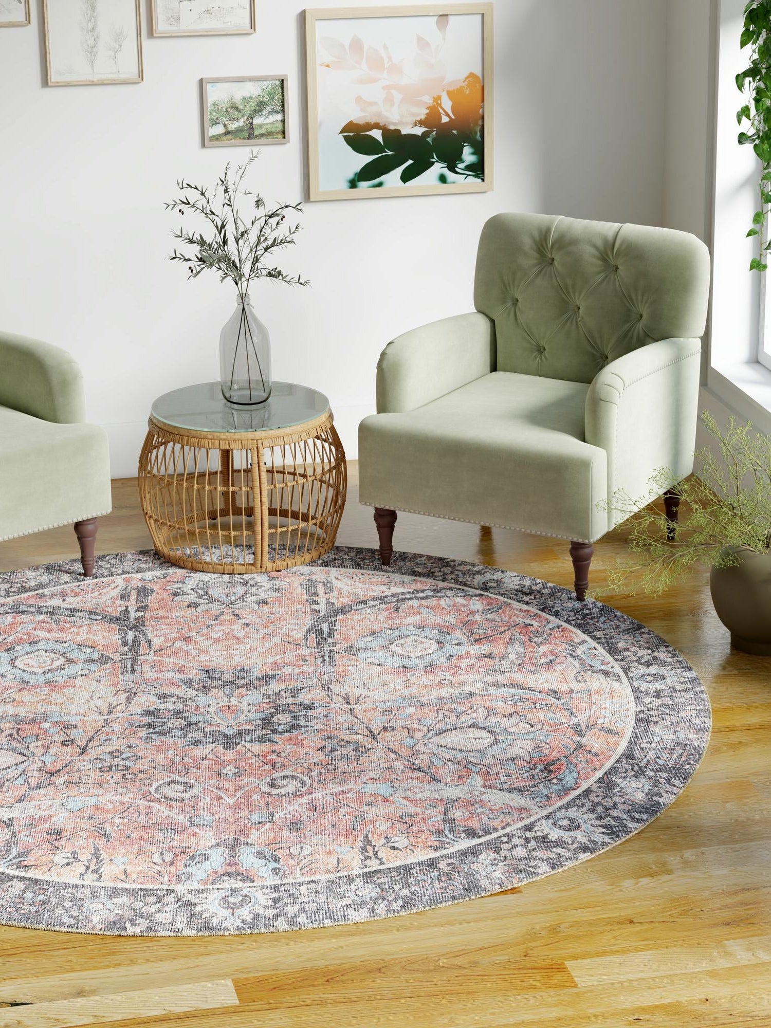 Washable Vintage Rust Red 2' x 2' Timeless Round Area Rug Easy to Clean Stain Resistant & Durable