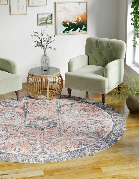 Washable Vintage Rust Red 2' x 2' Timeless Round Area Rug Easy to Clean Stain Resistant & Durable