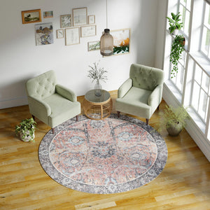 Washable Vintage Rust Red 3' 6 x 3' 6 Timeless Round Area Rug Easy to Clean Stain Resistant & Durable Traditional Classic Vintage Design Carpet for Sale at Rug Engine