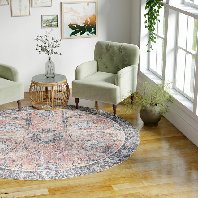 Washable Vintage Rust Red 3' 6 x 3' 6 Timeless Round Area Rug Easy to Clean Stain Resistant & Durable Traditional Classic Vintage Design Carpet for Sale at Rug Engine