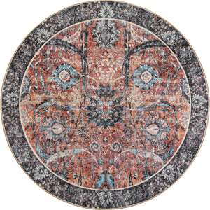 Washable Vintage Rust Red 7' 10 x 7' 10 Timeless Round Area Rug Easy to Clean Stain Resistant & Durable Traditional Classic Vintage Design Carpet for Sale at Rug Engine