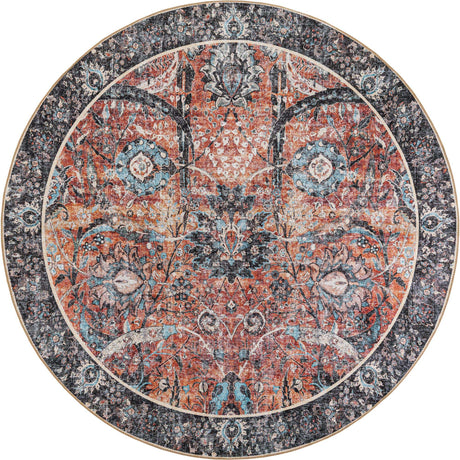 Washable Vintage Rust Red 7' 10 x 7' 10 Timeless Round Area Rug Easy to Clean Stain Resistant & Durable Traditional Classic Vintage Design Carpet for Sale at Rug Engine