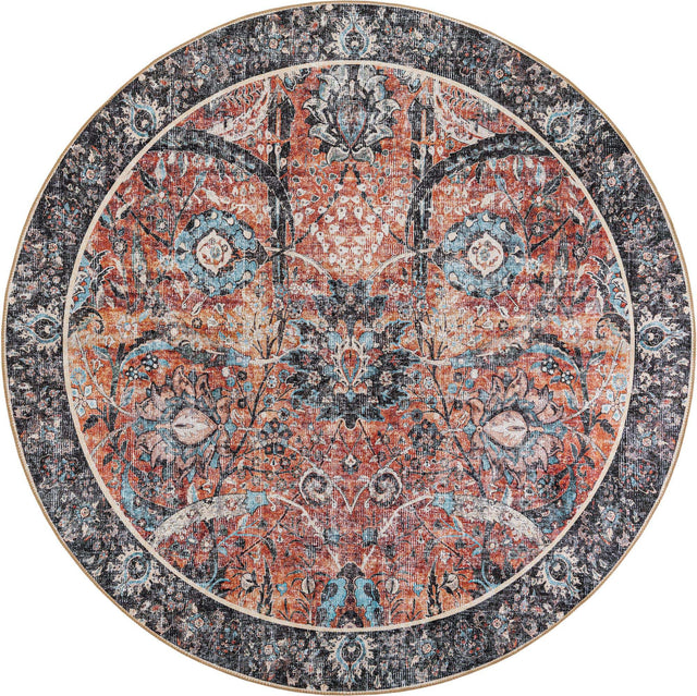Washable Vintage Rust Red 7' 10 x 7' 10 Timeless Round Area Rug Easy to Clean Stain Resistant & Durable Traditional Classic Vintage Design Carpet for Sale at Rug Engine