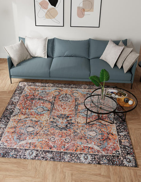 Washable Vintage Rust Red 7' 10 x 7' 10 Timeless Square Area Rug Easy to Clean Stain Resistant & Durable Traditional Classic Vintage Design Carpet for Sale at Rug Engine