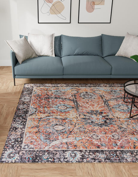 Washable Vintage Rust Red 7' 10 x 7' 10 Timeless Square Area Rug Easy to Clean Stain Resistant & Durable Traditional Classic Vintage Design Carpet for Sale at Rug Engine