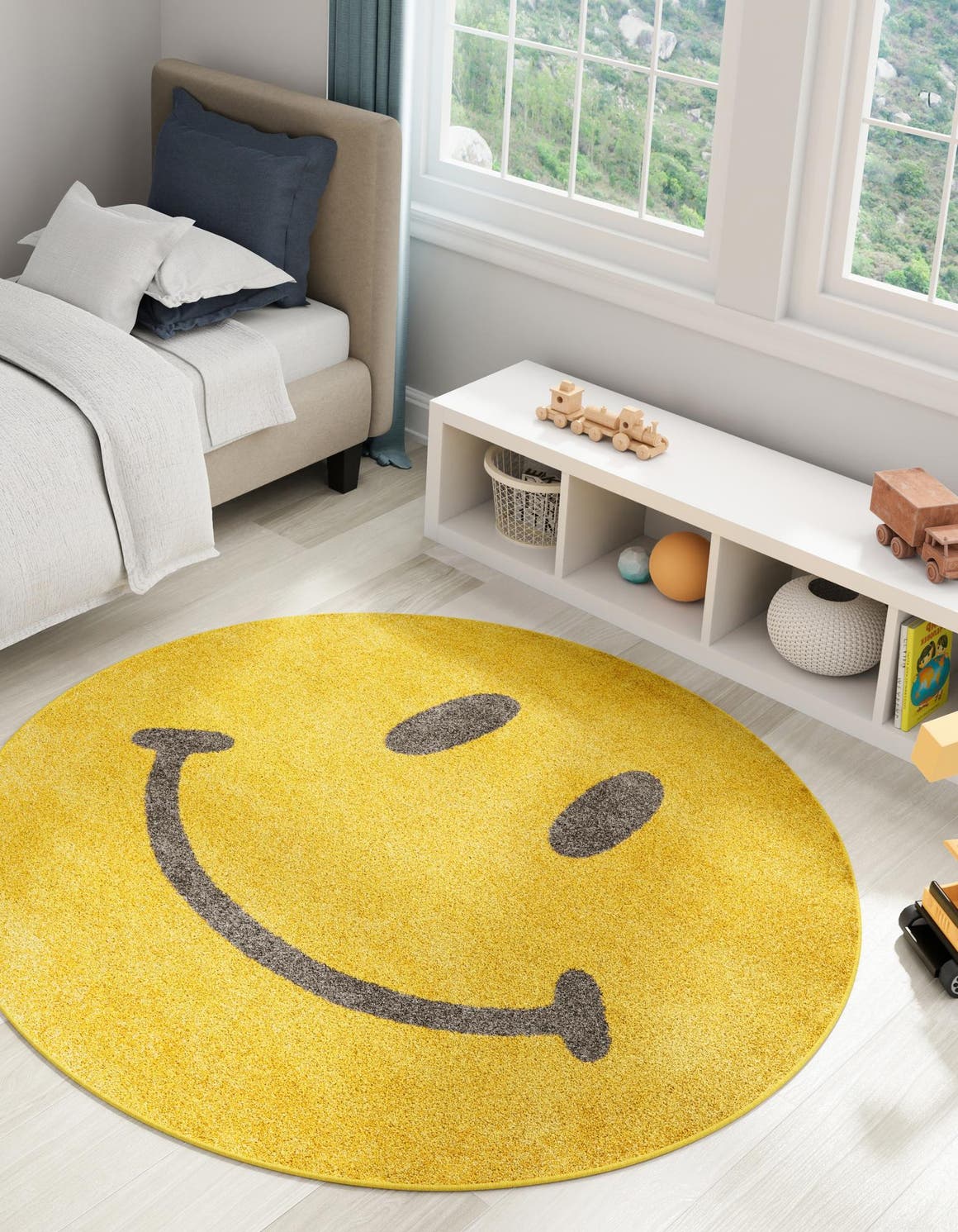 Yellow 5' 1 x 5' 1 Whimsy Kids Round Area Rug for Baby Nursery, Toddler Playroom,  Bedrooms Playful Fun Design Easy Clean Carpet for Sale at Rug Engine
