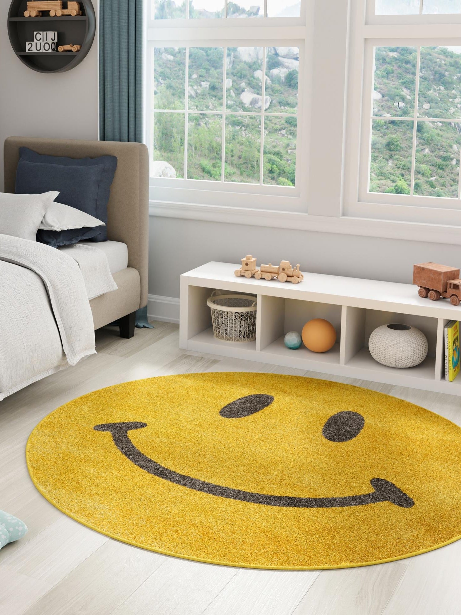 Yellow 5' 1 x 5' 1 Whimsy Kids Round Area Rug for Baby Nursery, Toddler Playroom,  Bedrooms Playful Fun Design Easy Clean Carpet for Sale at Rug Engine