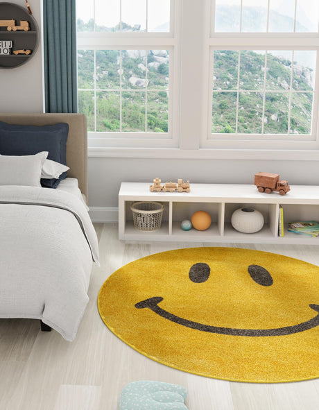 Yellow 5' 1 x 5' 1 Whimsy Kids Round Area Rug for Baby Nursery, Toddler Playroom,  Bedrooms Playful Fun Design Easy Clean Carpet for Sale at Rug Engine
