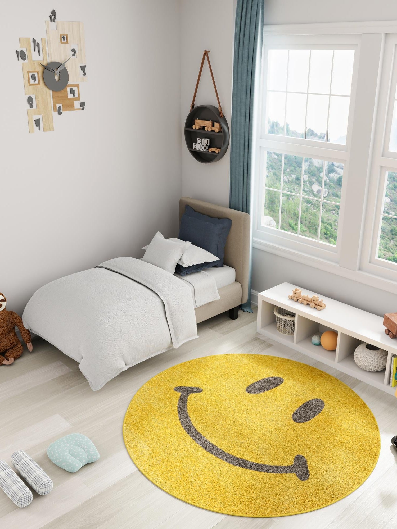 Yellow 5' 1 x 5' 1 Whimsy Kids Round Area Rug for Baby Nursery, Toddler Playroom,  Bedrooms Playful Fun Design Easy Clean Carpet for Sale at Rug Engine