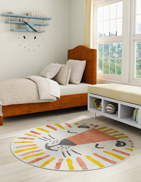 Ivory 5' 1 x 5' 1 Whimsy Kids Round Area Rug for Baby Nursery, Toddler Playroom,  Bedrooms Playful Fun Design Easy Clean Carpet for Sale at Rug Engine