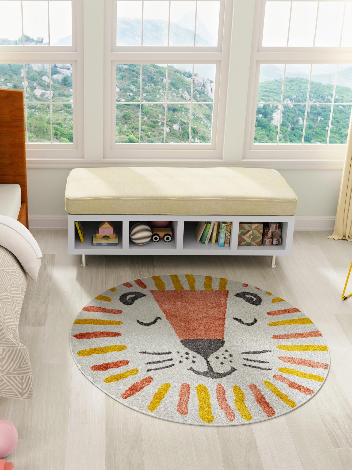 Ivory 6' 1 x 6' 1 Whimsy Kids Round Area Rug for Baby Nursery, Toddler Playroom, Bedrooms