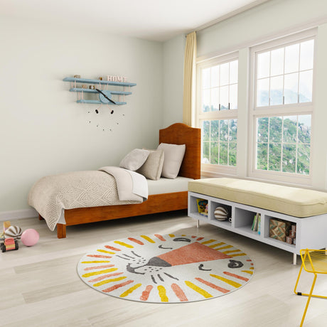 Ivory 5' 1 x 5' 1 Whimsy Kids Round Area Rug for Baby Nursery, Toddler Playroom,  Bedrooms Playful Fun Design Easy Clean Carpet for Sale at Rug Engine