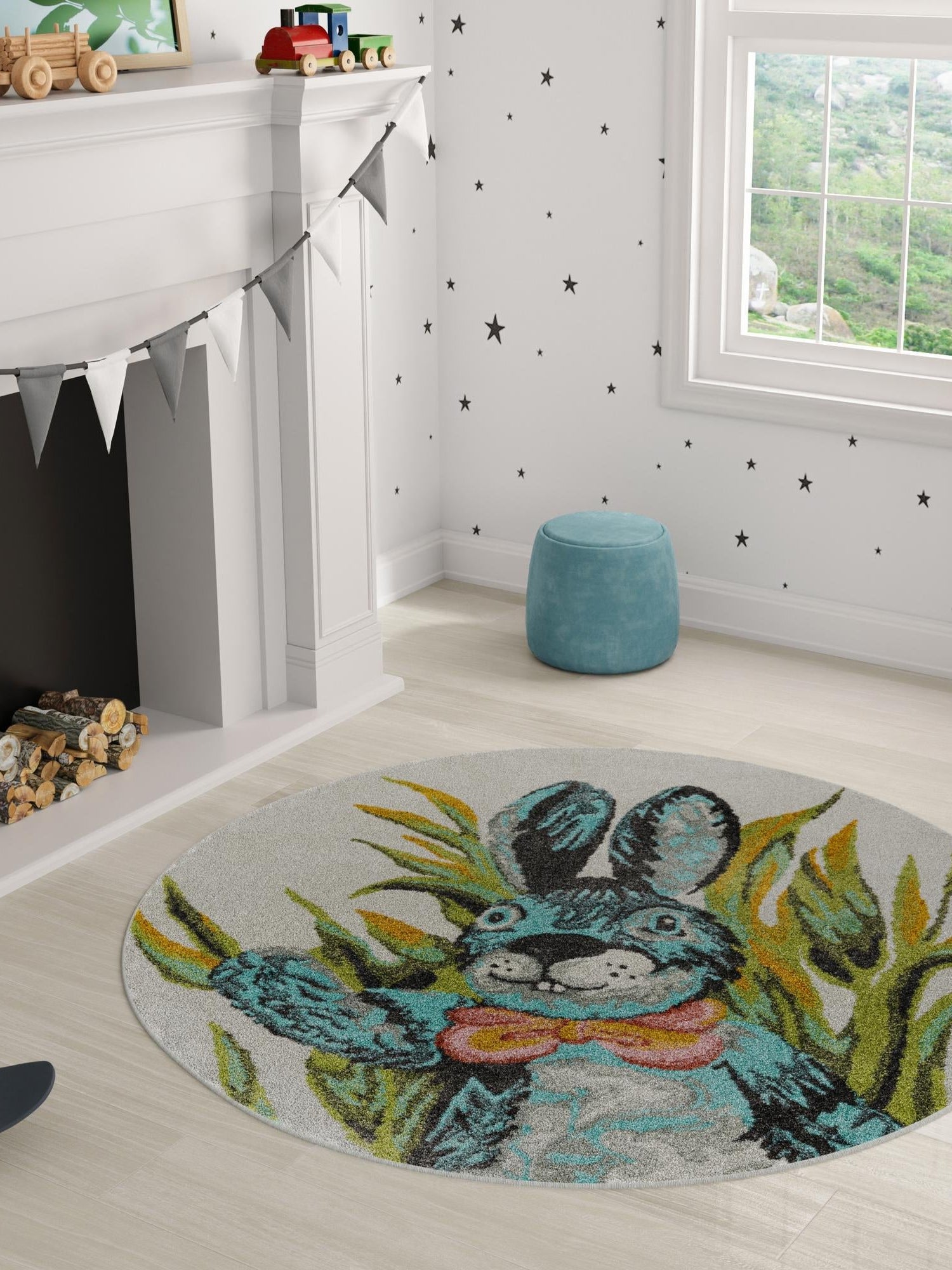 Ivory 7' 10 x 7' 10 Whimsy Kids Round Area Rug for Baby Nursery, Toddler Playroom, Bedrooms