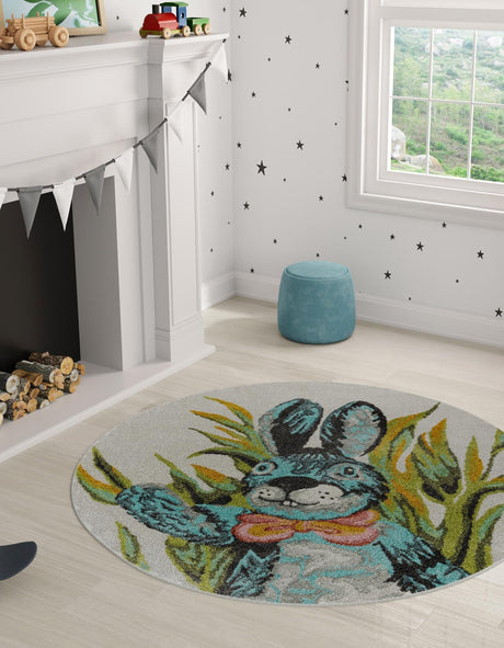 Ivory 7' 10 x 7' 10 Whimsy Kids Round Area Rug for Baby Nursery, Toddler Playroom,  Bedrooms Playful Fun Design Easy Clean Carpet for Sale at Rug Engine