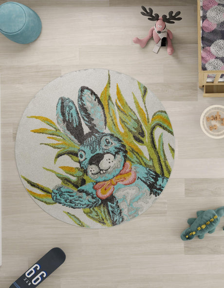 Ivory 5' 1 x 5' 1 Whimsy Kids Round Area Rug for Baby Nursery, Toddler Playroom,  Bedrooms Playful Fun Design Easy Clean Carpet for Sale at Rug Engine