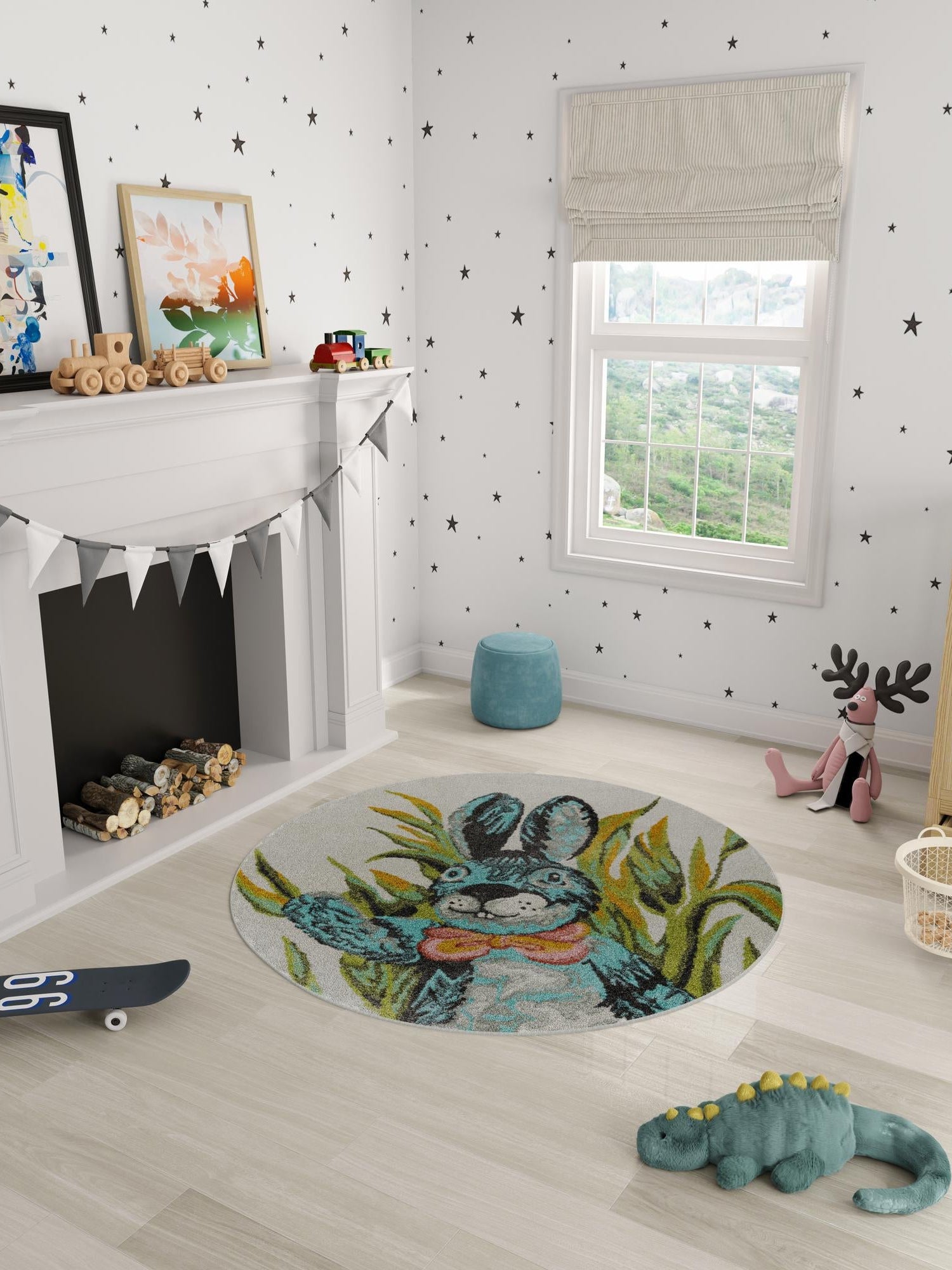 Ivory 7' 10 x 7' 10 Whimsy Kids Round Area Rug for Baby Nursery, Toddler Playroom, Bedrooms