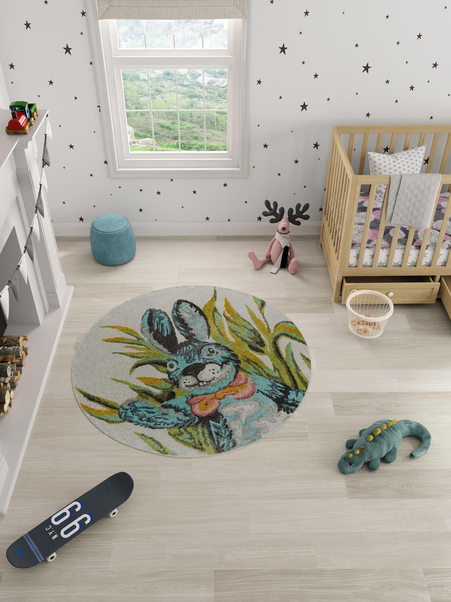 Ivory 7' 10 x 7' 10 Whimsy Kids Round Area Rug for Baby Nursery, Toddler Playroom, Bedrooms