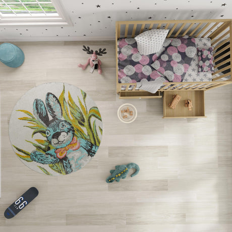 Ivory 7' 10 x 7' 10 Whimsy Kids Round Area Rug for Baby Nursery, Toddler Playroom,  Bedrooms Playful Fun Design Easy Clean Carpet for Sale at Rug Engine