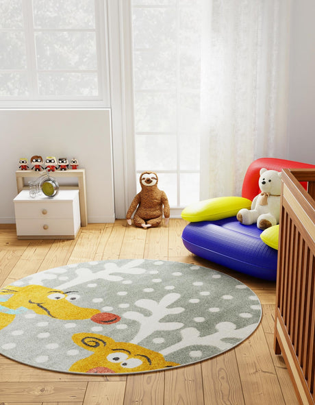 Gray 5' 1 x 5' 1 Whimsy Kids Round Area Rug for Baby Nursery, Toddler Playroom,  Bedrooms Playful Fun Design Easy Clean Carpet for Sale at Rug Engine